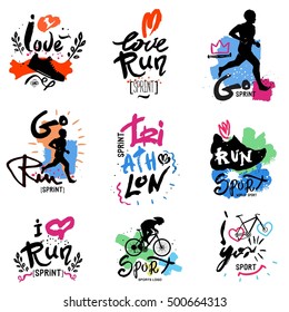 Running, marathon, triathlon logo and illustrations. Isolated vector illustration. Fitness, athlete training symbols, figures. Sprint, exercise, Jogging, handmade illustration