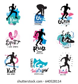 Running, marathon, triathlon logo and illustrations. Isolated vector illustration. Fitness, athlete training symbols, numbers, signs.