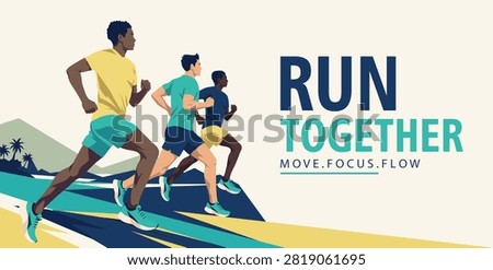 Running marathon. Vector poster featuring three runners in motion. Flat illustration with motivational text in a modern sports palette for running events, fitness, race promotion, healthy lifestyle