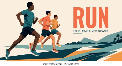 Running Marathon. Vector marathon poster with three runners in motion. Flat illustration with motivational text in a modern sports style for running events, fitness, race promotion, healthy lifestyle