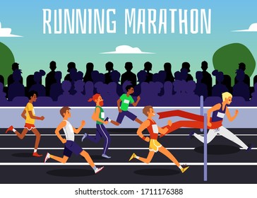 Running marathon web banner template with people characters at open stadium background, flat vector illustration. Poster design for sport run competition.