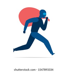 Corriendo ladrón enmascarado con un saco rojo. Ilustración de vectores aislada en fondo blanco 