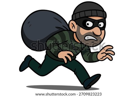 A running, masked thief with a bag on his back