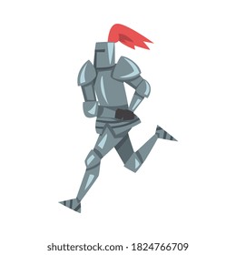 Knight medieval en ejecución, Carácter guerrero de caballería en armadura metálica completa con vectores de estilo de dibujos animados de escudo y espadas Ilustración