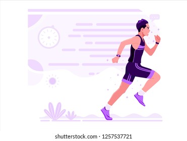 Running Men Athletic Sport vector illustration Flat Design. A man Wearing a Purple Uniform is Practicing a Marathon Run.