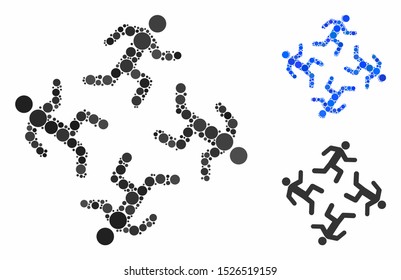 Running men composition for running men icon of round dots in variable sizes and color tints. Vector round dots are grouped into blue collage. Dotted running men icon in usual and blue versions.