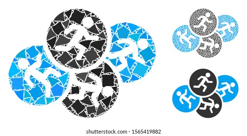 Running men composition of ragged pieces in various sizes and color tints, based on running men icon. Vector irregular elements are grouped into collage. Running men icons collage with dotted pattern.
