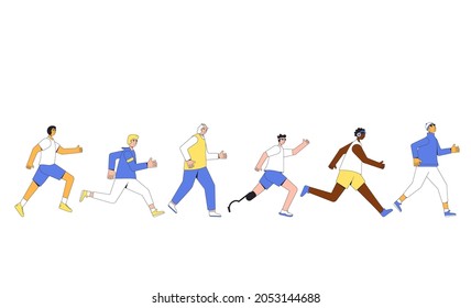 Laufende Männer. Verschiedene Läufer, Athleten, sportliche Charaktere. Diverse Teilnahme an sportlichen Rennen, sportliche Wettkämpfe. Marathon, Sport. Jogger. Vektorgrafik.