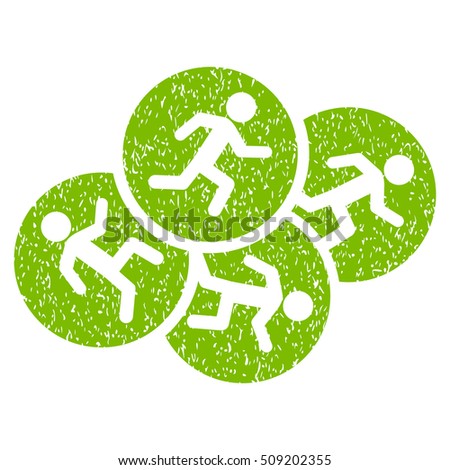 Running Men grainy textured icon for overlay watermark stamps. Flat symbol with dust texture. Dotted vector eco green ink rubber seal stamp with grunge design on a white background.