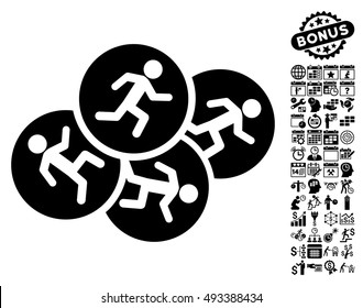 Running Men icon with bonus calendar and time management pictogram. Vector illustration style is flat iconic symbols, black color, white background.