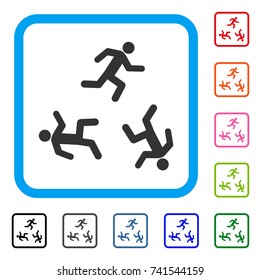 Running Men icon. Flat grey pictogram symbol in a light blue rounded frame. Black, gray, green, blue, red, orange color additional versions of Running Men vector. Designed for web and software UI.
