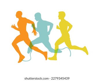 Running men. A man without a leg with a prosthetic limb running with the rest of the men. Silhouettes. Sports.