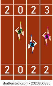 Running men on number 2022-2023 athletics track, New Year concept flat illustration vector.