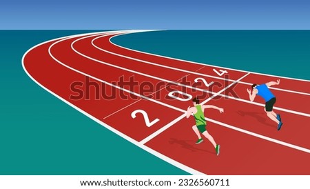 Running men on number 2024 athletics track, New Year concept flat illustration vector.