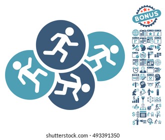Running Men pictograph with bonus calendar and time management symbols. Vector illustration style is flat iconic bicolor symbols, cyan and blue colors, white background.