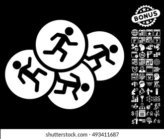 Running Men pictograph with bonus calendar and time management icon set. Vector illustration style is flat iconic symbols, white color, black background.