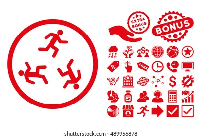 Running Men pictograph with bonus icon set. Vector illustration style is flat iconic symbols, red color, white background.
