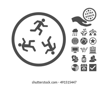 Running Men pictograph with bonus pictogram. Vector illustration style is flat iconic symbols, gray color, white background.