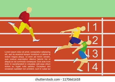 Running men profile picture. Hand drawn athletes runners in flat style vector design illustrations. Sprinter sportsman runs to finish line drawing. Winner man wins the race on running track stadium