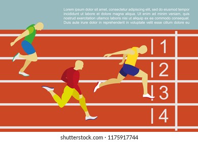 Running men profile picture. Hand drawn athletes runners in flat style vector design illustrations. Sprinter sportsman runs to finish line drawing. Winner man wins the race on running track stadium