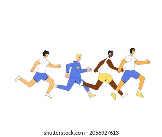 Running men team. Differen runners, athletes, sportive characters. Marathon, exercise. Joggers. Vector illustration.