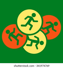 Running Men vector icon. Style is bicolor flat symbol, orange and yellow colors, rounded angles, green background.