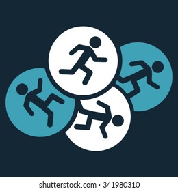 Running Men vector icon. Style is bicolor flat symbol, blue and white colors, rounded angles, dark blue background.