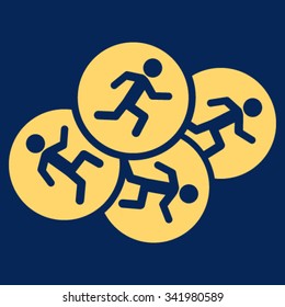 Running Men vector icon. Style is flat symbol, yellow color, rounded angles, blue background.