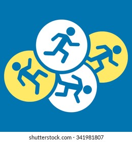 Running Men vector icon. Style is bicolor flat symbol, yellow and white colors, rounded angles, blue background.