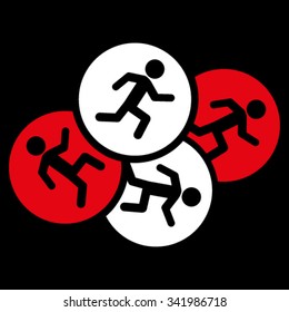 Running Men vector icon. Style is bicolor flat symbol, red and white colors, rounded angles, black background.