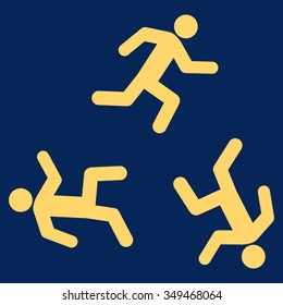 Running Men vector icon. Style is flat symbol, yellow color, rounded angles, blue background.