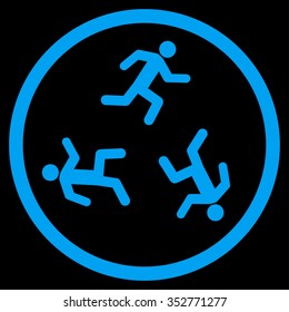 Running Men vector icon. Style is flat circled symbol, blue color, rounded angles, black background.