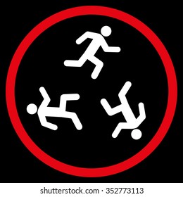 Running Men vector icon. Style is bicolor flat circled symbol, red and white colors, rounded angles, black background.
