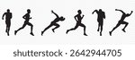  Running men vector set of isolated silhouettes . black silhouette group of runner running on transparent background . 