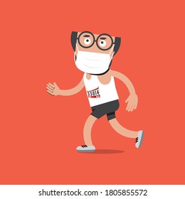 Running Men Wearing Medical Masks in a Running Marathon Healthy Concept Vector Illustration.