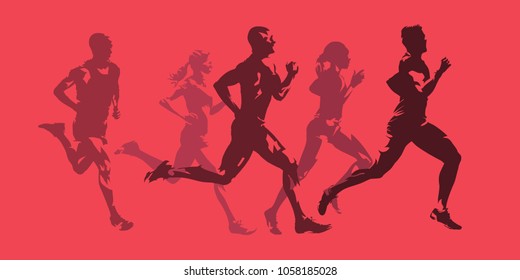 Running men and women, active people. Monochromatic isolated vector silhouettes