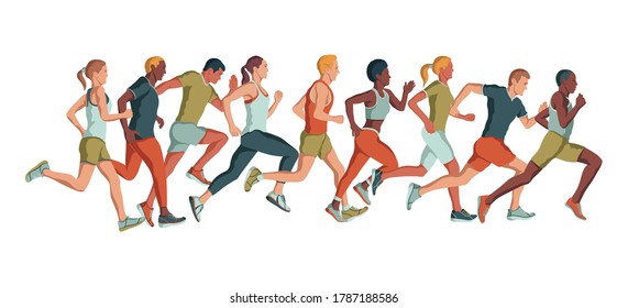 Running men and women sports background. People runner race, training to marathon and running vector illustration
