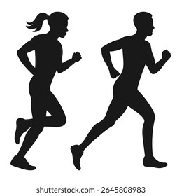 Running men and women, vector set of isolated silhouettes. Silhouette of a running man and woman. Group of runners.