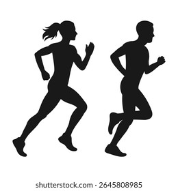 Running men and women, vector set of isolated silhouettes. Silhouette of a running man and woman. Group of runners.