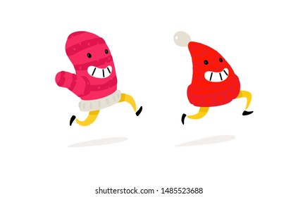 Running mittens and hat. Vector. Funny characters for winter goods. Logo for a children's knitwear store. Warm, tube stuff. Stickers, badges for the project.