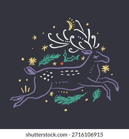 Moderne Folk Tribal Boho gemustert norwegischen Rentier mit Hörnern Nordtier in skandinavischen Stil. Blumenmuster slowakische dekorative Gravur Baby Hirsch Collage Vibe, Noel Schriftzug editierbare Elemente