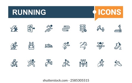 Running modern icons set. It contains symbols to lifestyle, action, athletic, active, training and more. Set of line pictogram. Editable vector outline and solid icons.