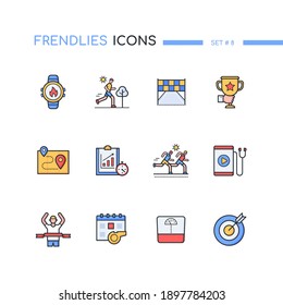 Ejecución - conjunto de iconos de diseño de línea moderna. Una idea de estilo de vida activo. Imágenes de escalas, premios, acabados, correr a través del país, ruta, objetivos, progreso, calorías quemadas, música, maratón, calendario