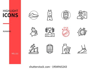 Running - modern line design style icons set. Sport and exercising concept. Sportive equipment images. Shoes, clothing, heart rate monitor, trainer, water bottle, treadmill, wearable device, socks