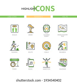 Running - Modern Line Design Style Icons Set. Sport Concept. Progress Tracking Mobile App Idea. Scales, Award, Calories Burnt, Cross-country Route, Goals, Progress, Finish, Music, Marathon, Calendar