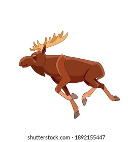 Running moose on a white isolated background. Horned Brown Elk as Herbivore Forest Animal Flat style vector Illustration.