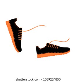Running, moving in sport shoes. Classic sneakers in flat style with laces. Sport footwear for men and women. Vector fashion illustration. Step, walk in a pair of sneakers with shoelaces. Youth style.
