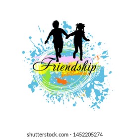 Running multicolored children hold hands. Happy Friendship Day. Vector illustration