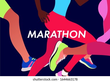 Running multinational people in bright sportswear. Men and women running marathon outdoor.Sports competition, workout or exercise, athletics. Active lifestyle. Colorful vector illustration.