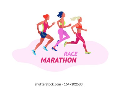 Running multinational people in bright sportswear. Men and women running marathon outdoor.Sports competition, workout or exercise, athletics. Active lifestyle. Colorful vector illustration.